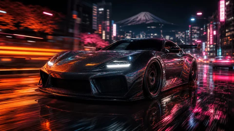 Forza Horizon 6 car list card showing an unbranded sports car on a neon Tokyo street for FH6 vehicle research