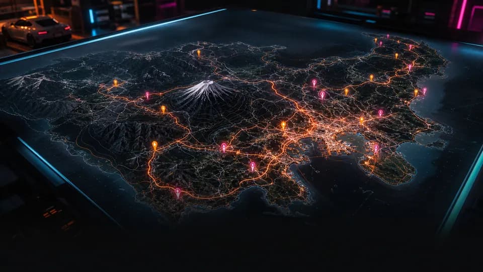 Forza Horizon 6 Japan map card with neon route lines and map markers for FH6 regions and collectibles
